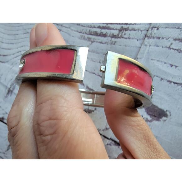 Silver Tone Pink Enamel Hinged Bangle Bracelet With Gems - Picture 5 of 7